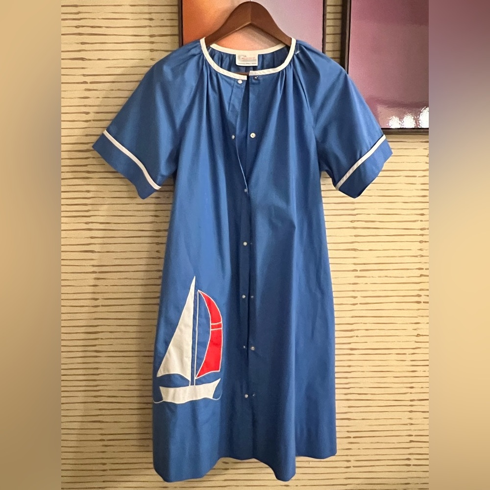 Wildcrest Vintage Blue House Dress, with Sailboat and White Trim with Pockets